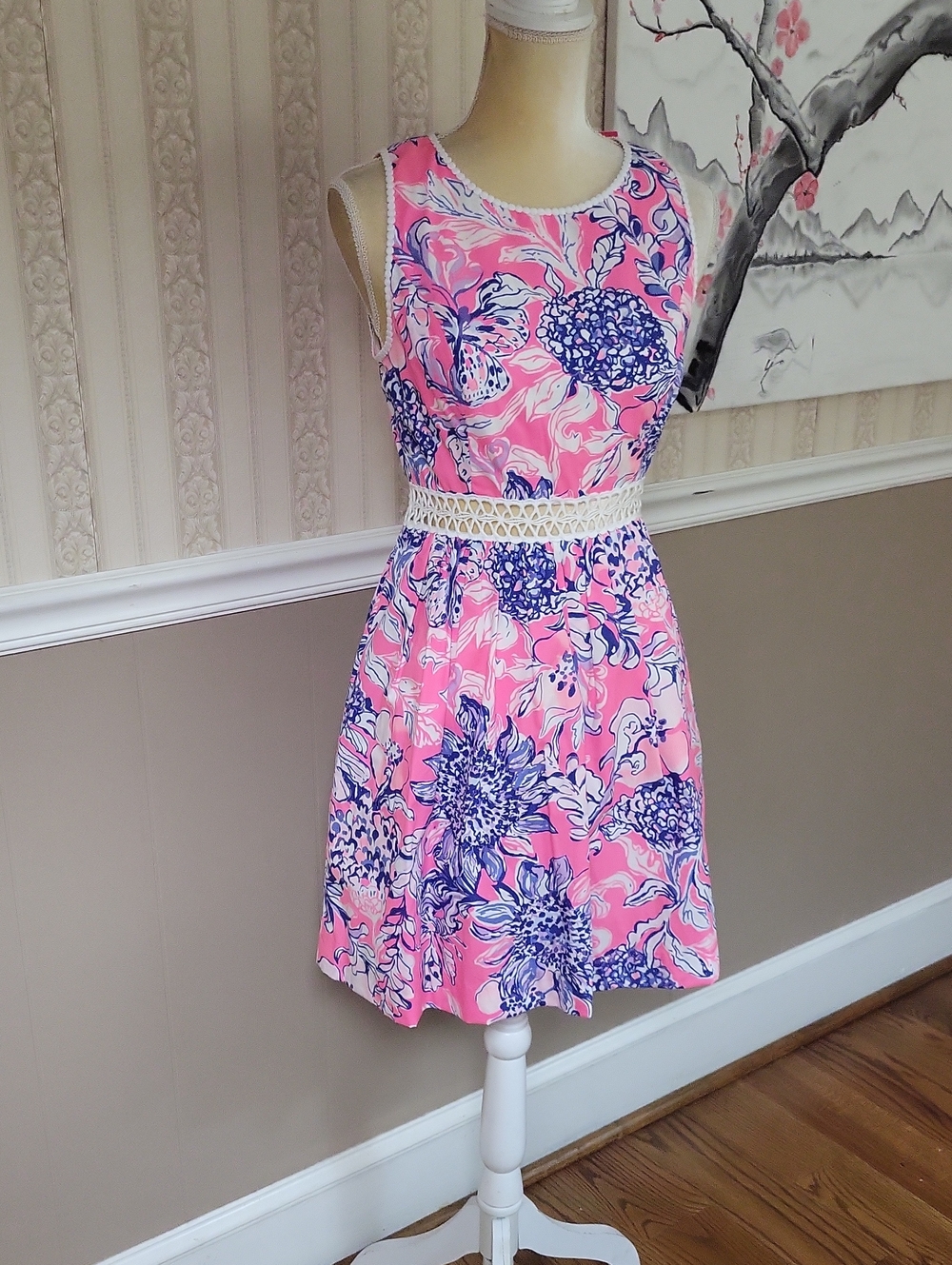 Nwt, Lilly Pulitzer Pink Floral A-Line Dress with Crochet Waist, Size 2